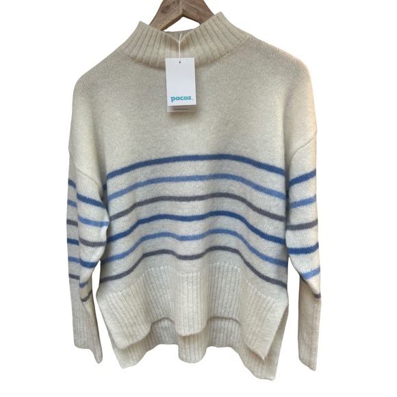 Pacas Sweaters - Pacas Cream Blue Stripe Mock Neck Sweater Cozy Oversized Fit
